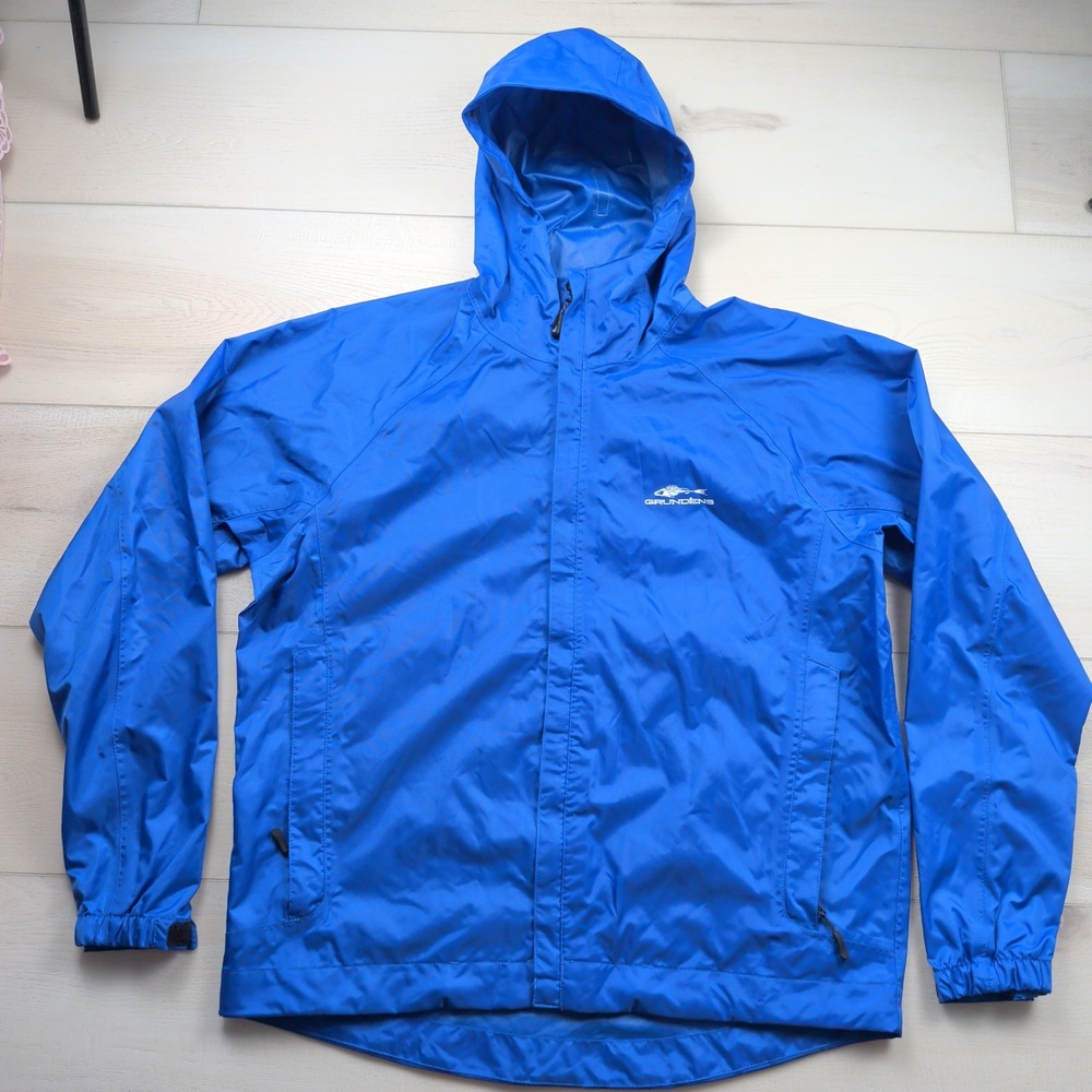 Grundens Gage Weather Watch Rain Jacket Mens L Blue Waterproof Hooded Fishing